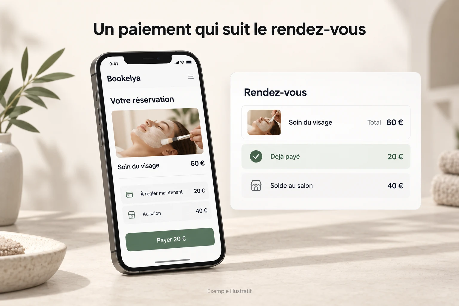 Mockup illustratif : pour un soin à 60 €, la cliente paie 20 € à la réservation et règle les 40 € restants au salon.