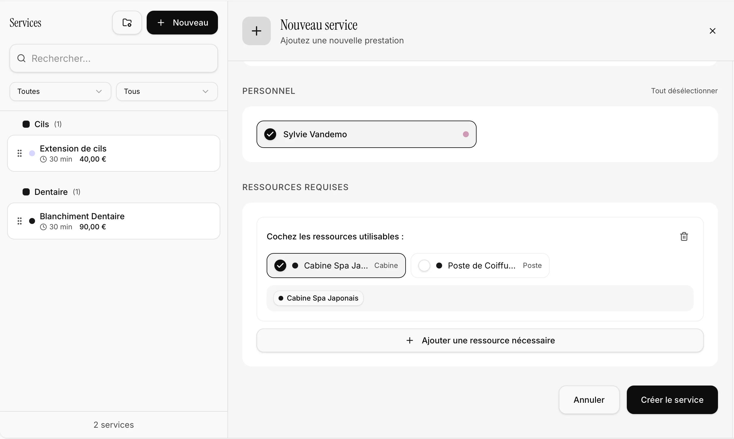 Ajout d'un service avec ressources requises dans Bookelya