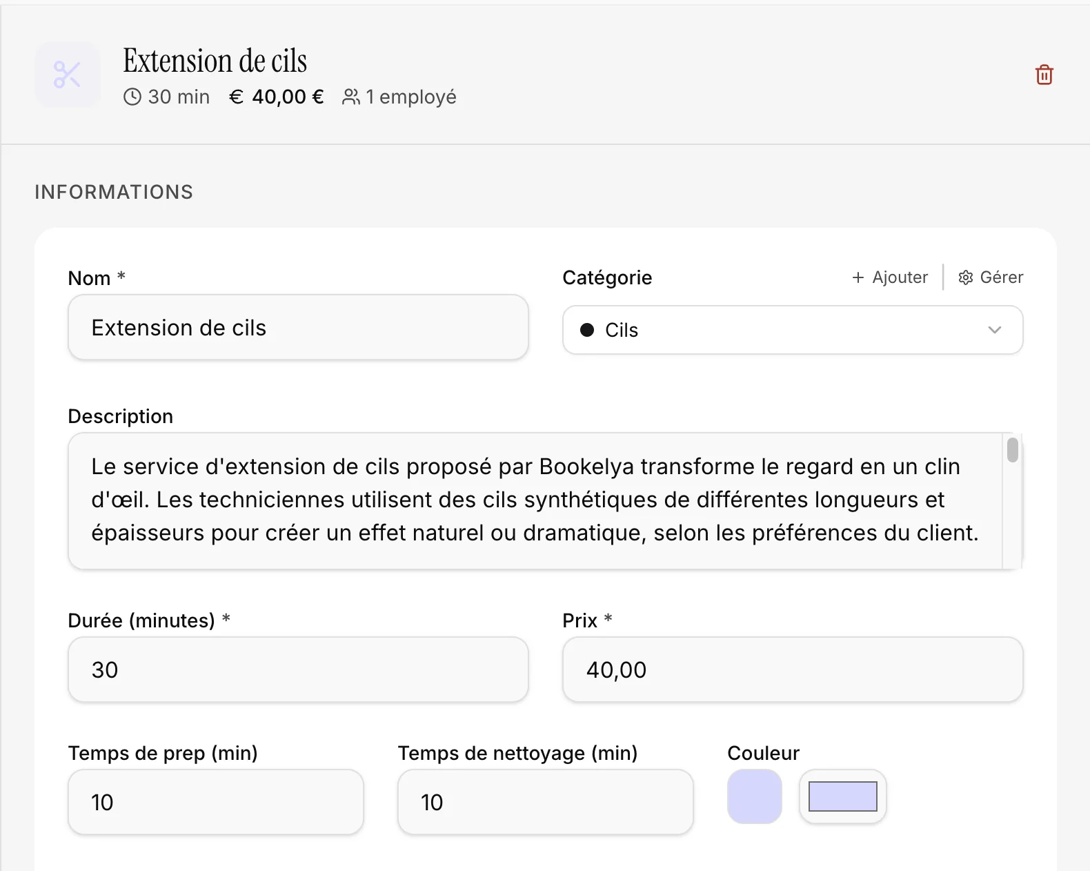 Configuration détaillée d'une prestation avec durée et tarification