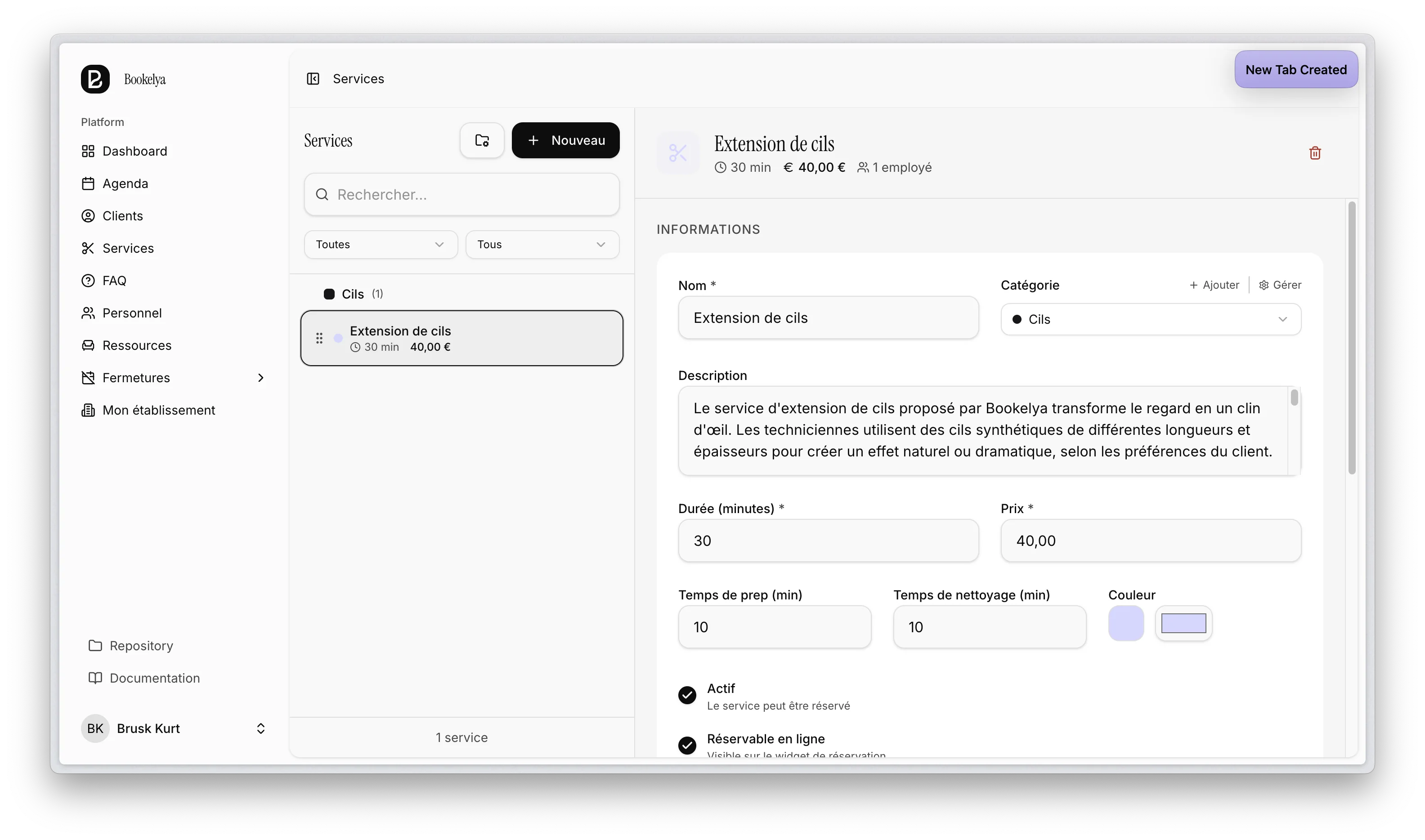 Interface Bookelya reliant réservations et gestion de catalogue