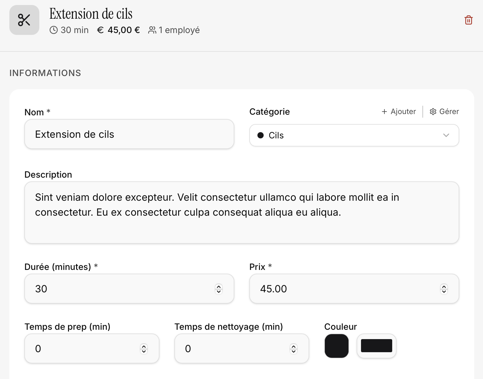 Interface Bookelya avec catalogue de prestations et paramètres