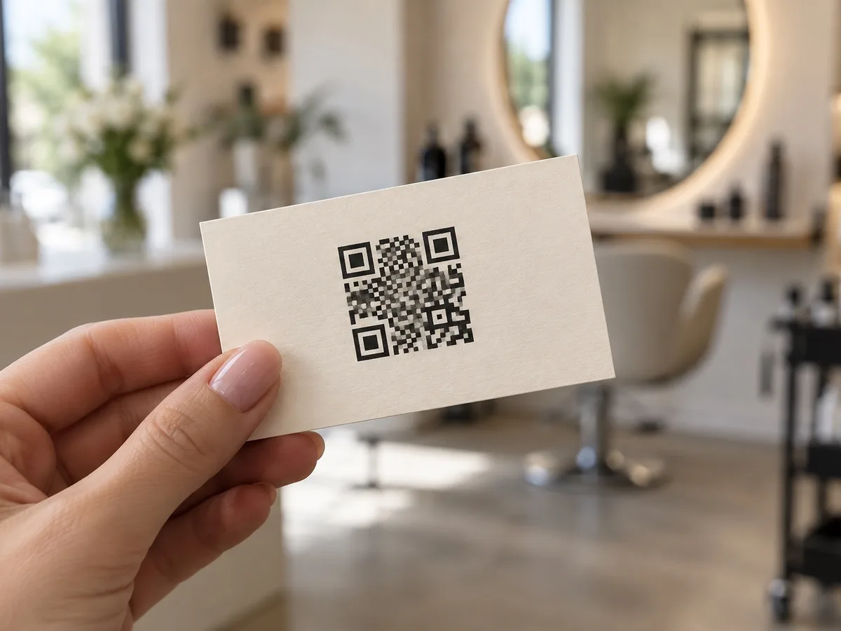 Een visitekaartje van een salon met een QR-code, in de hand