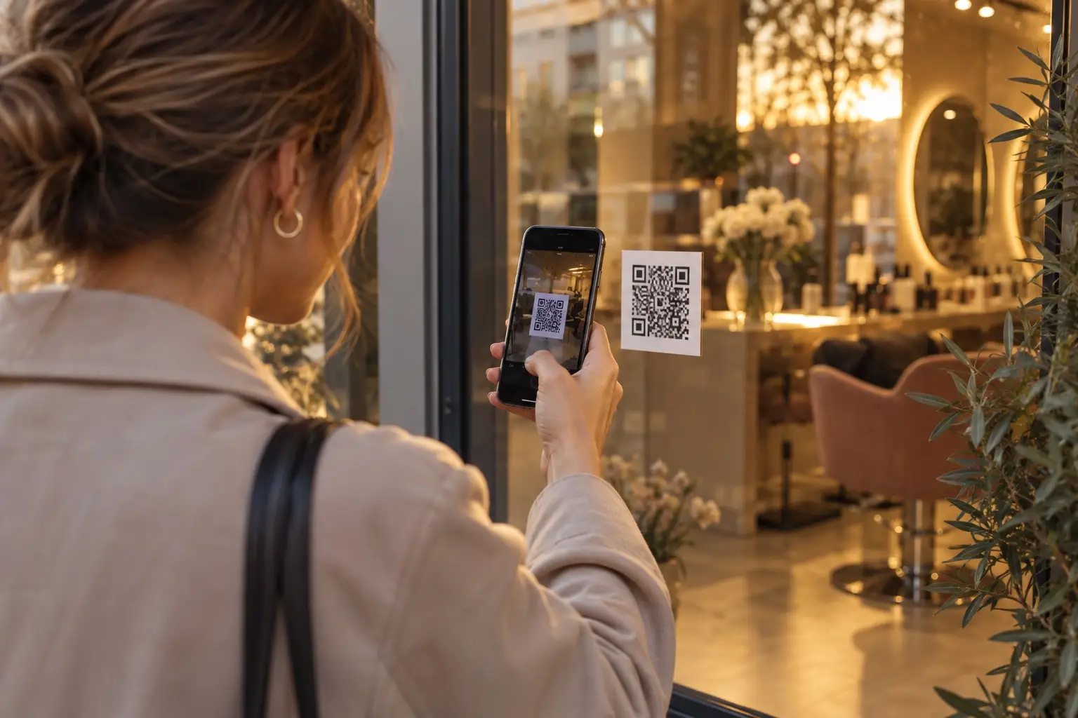 Een klant scant de QR-code van haar salon met haar telefoon