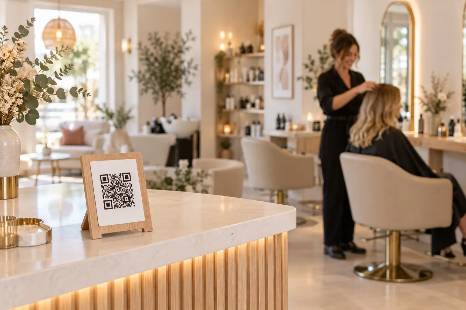 Toonbank van een schoonheidssalon met een standaard met de Bookelya-QR-code