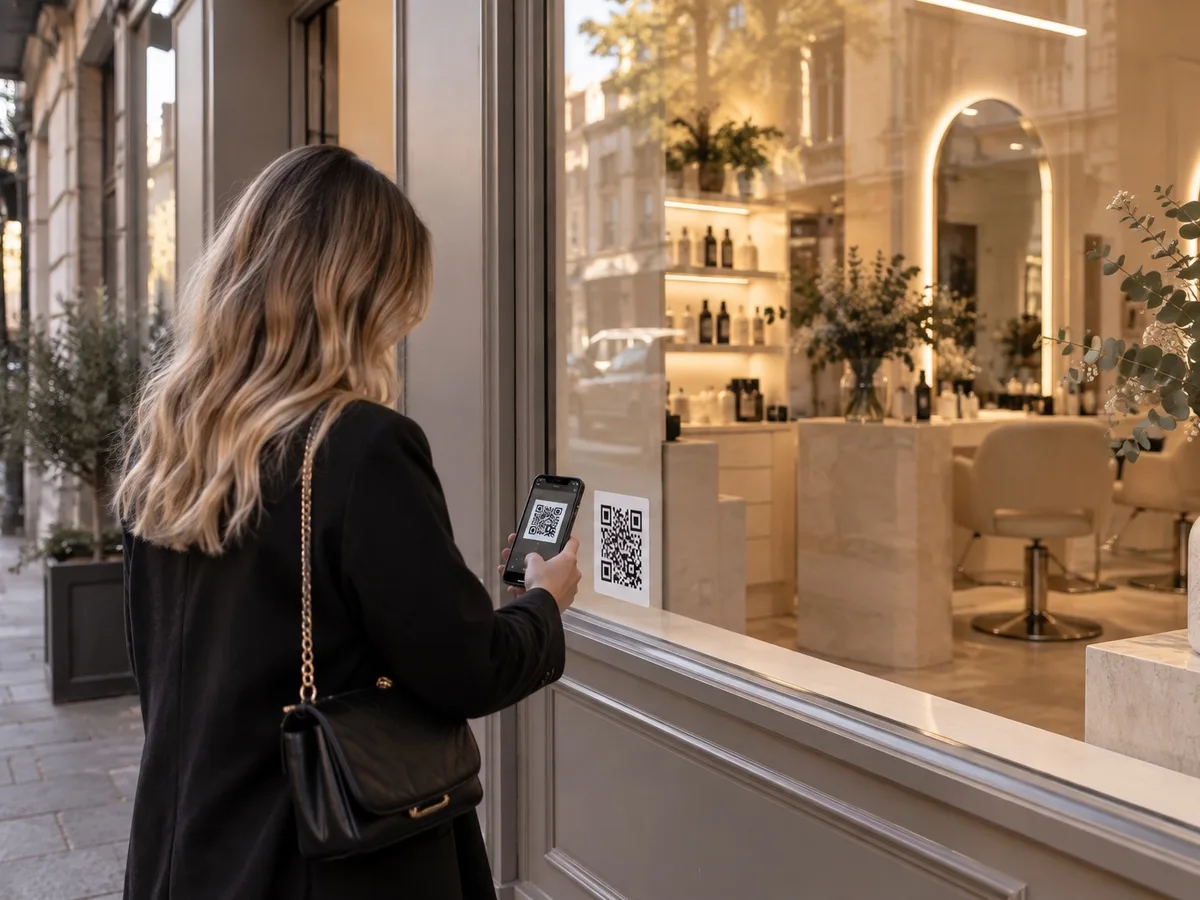 QR-codesticker op de etalage van een salon, gescand door een voorbijganger